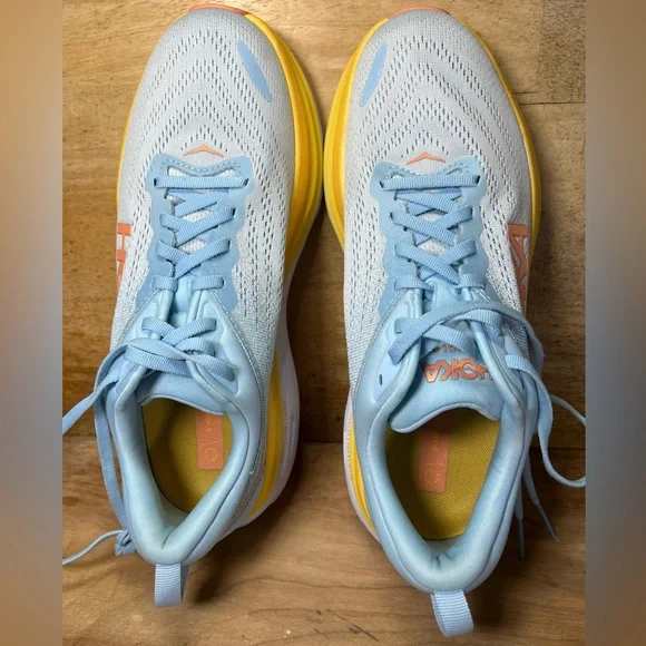 Hoka One One Bondi 8 REFLECTIVE Womens Sz 10 Running Shoes Sneakers Blue Yellow - Picture 7 of 12